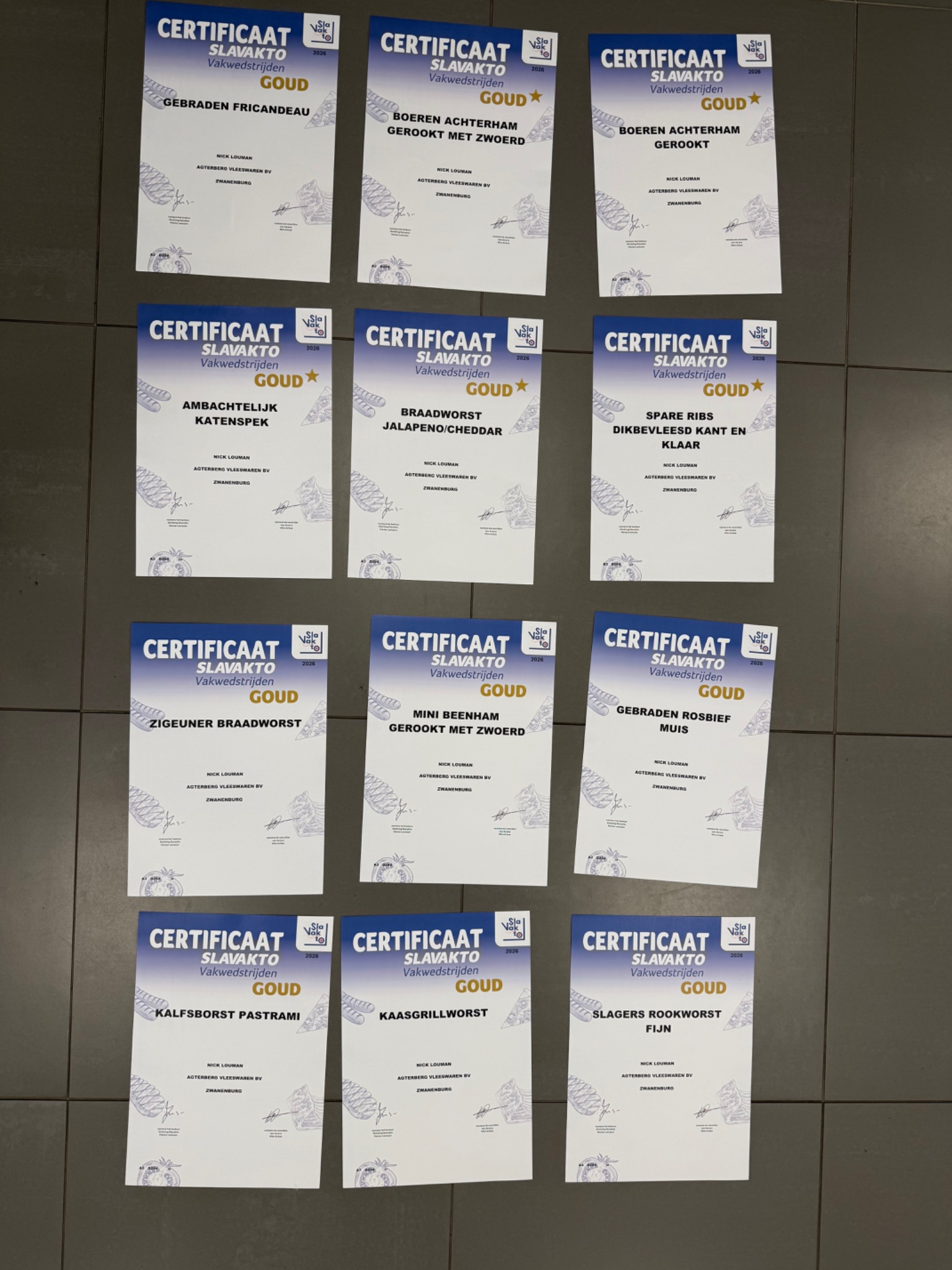 Twaalf gouden Slavakto-certificaten 2026 van Agterberg Vleeswaren